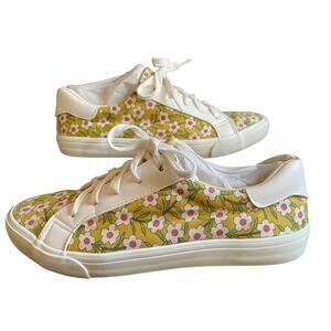 Restricted Yellow White Floral Print Canvas White Lace Sneakers Sz 10 White Trim